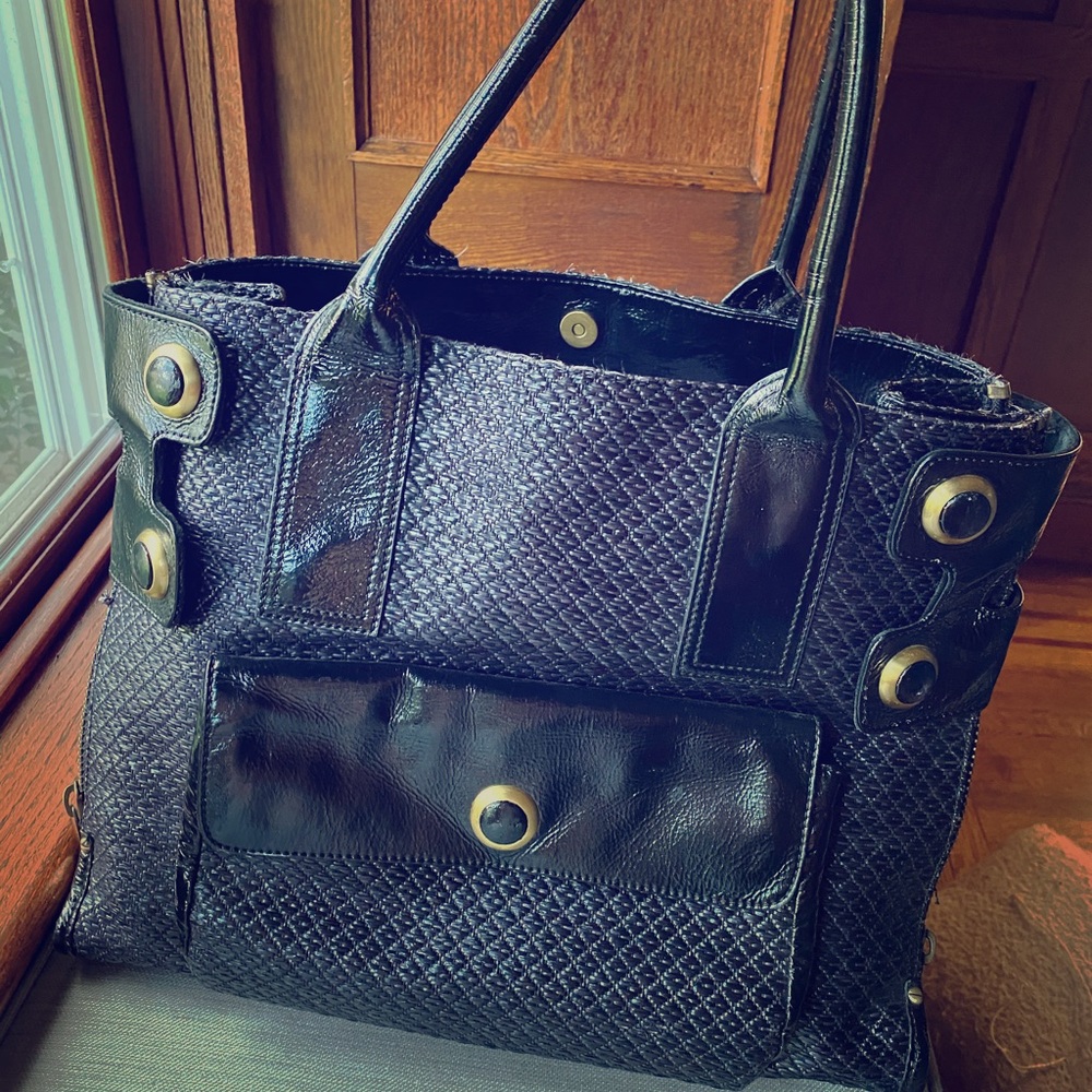 Chic & roomy black leather basket weave tote bag